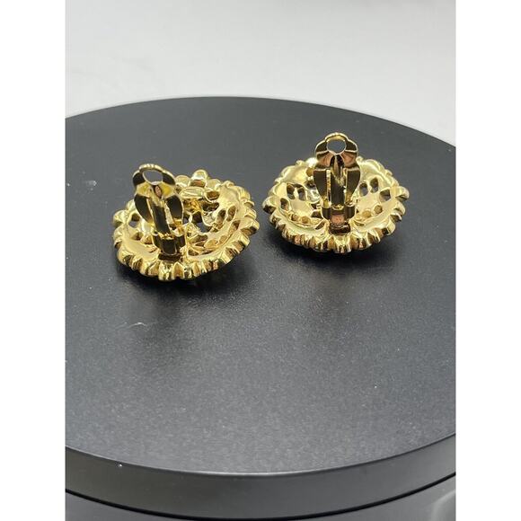 SWAROVSKI Swan Vintage Large Round Black, Clear Crystal Gold Tone Clip Earrings - Picture 9 of 16